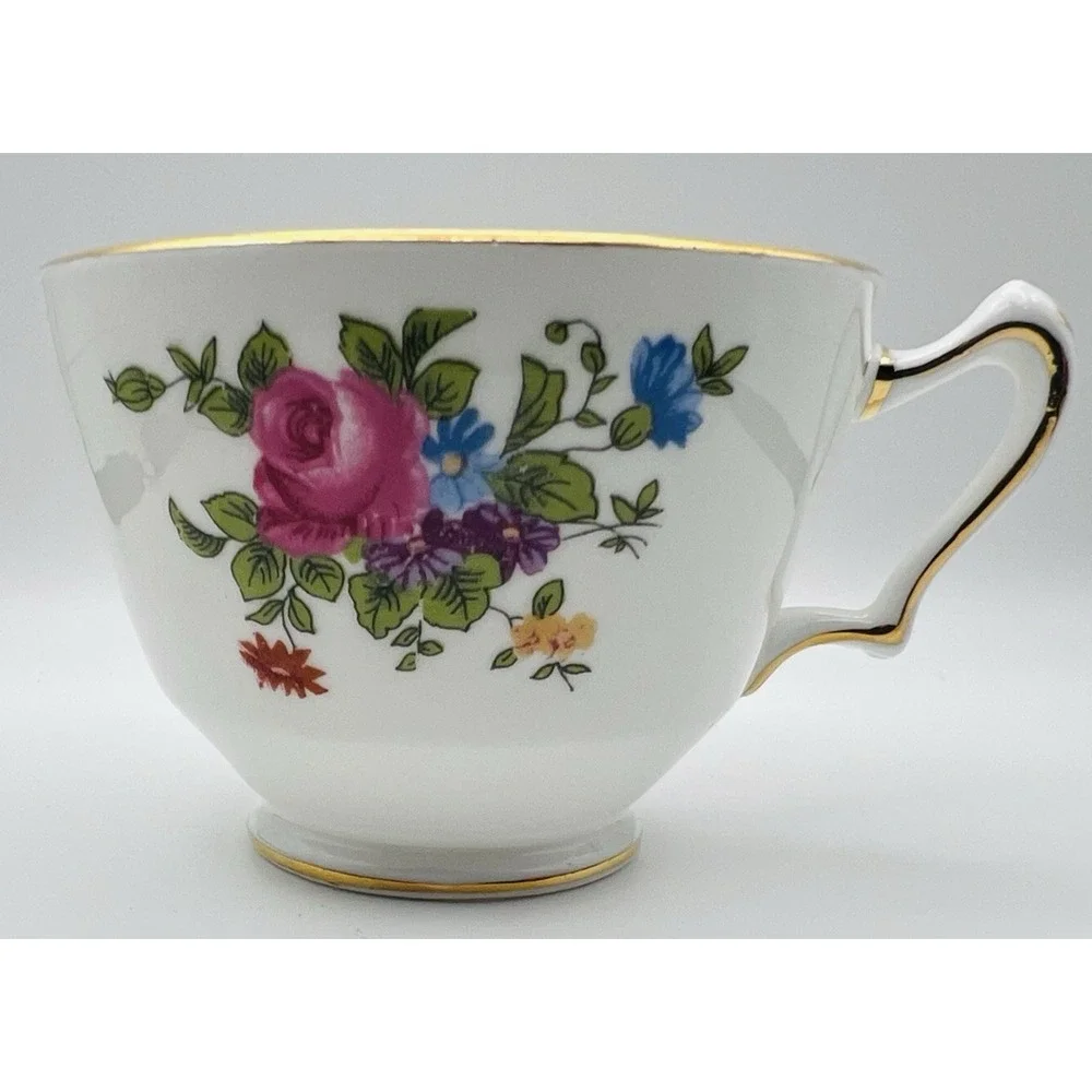 Crown Staffordshire Bone China Teacup Saucer Set Gold Pink Rose Floral England